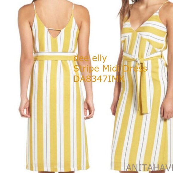 Dee Elly Nordstrom Mustard Yellow White Striped Belted MIDI Dress Size M - Picture 2 of 8